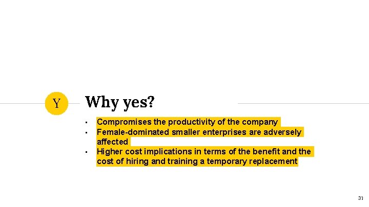 Y Why yes? • • • Compromises the productivity of the company Female-dominated smaller