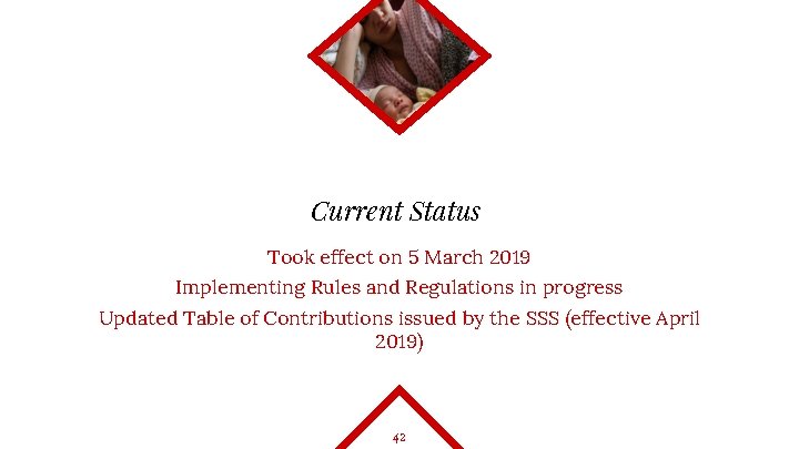 Current Status Took effect on 5 March 2019 Implementing Rules and Regulations in progress