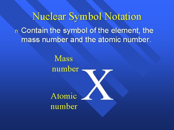 Nuclear Symbol Notation n Contain the symbol of the element, the mass number and