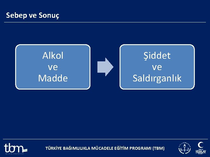 Sebep ve Sonuç Alkol ve Madde Şiddet ve Saldırganlık TÜRKİYE BAĞIMLILIKLA MÜCADELE EĞİTİM PROGRAMI