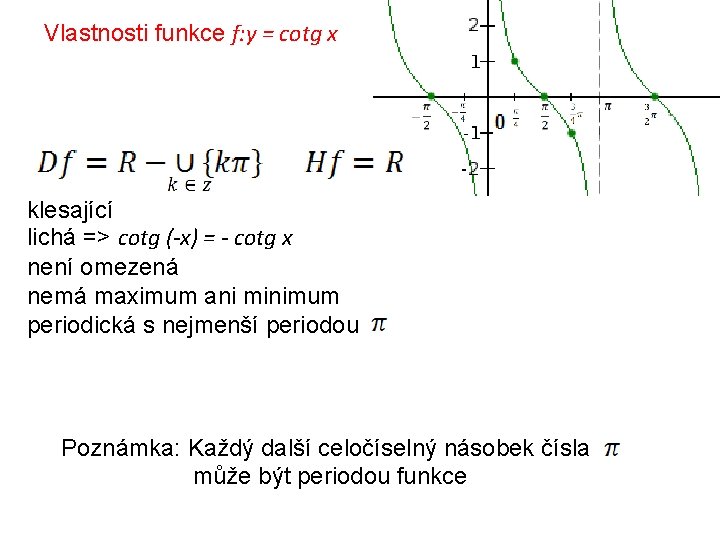 Vlastnosti funkce f: y = cotg x klesající lichá => cotg (-x) = -