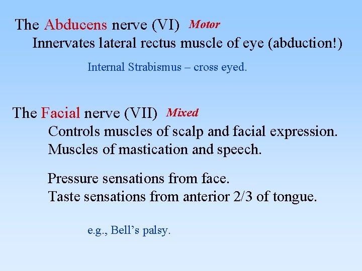 The Abducens nerve (VI) Motor Innervates lateral rectus muscle of eye (abduction!) Internal Strabismus