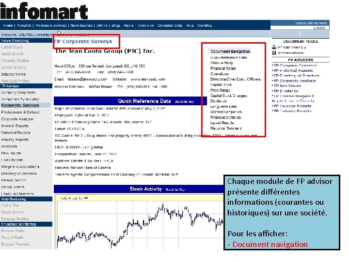 Chaque module de FP advisor présente différentes informations (courantes ou historiques) sur une société.