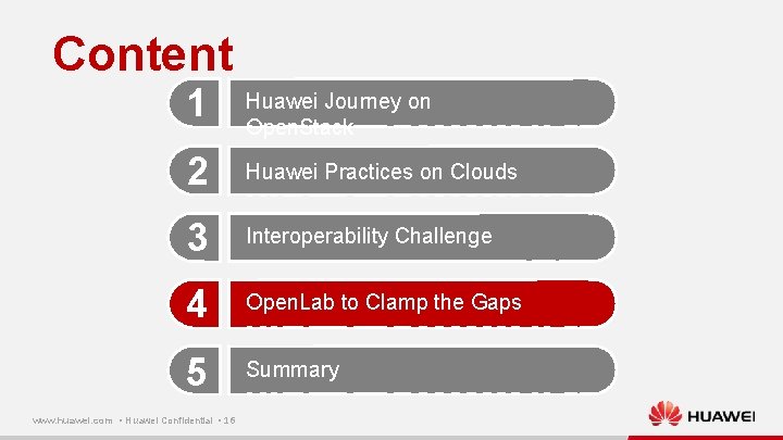 Content 1 Huawei Journey on Open. Stack 2 Huawei Practices on Clouds 3 Interoperability