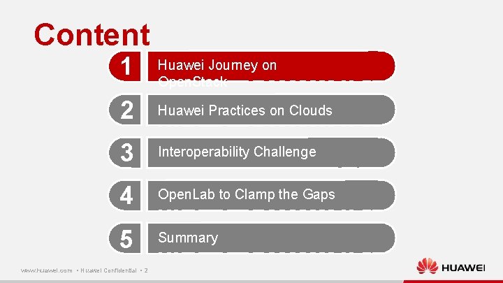 Content 1 Huawei Journey on Open. Stack 2 Huawei Practices on Clouds 3 Interoperability