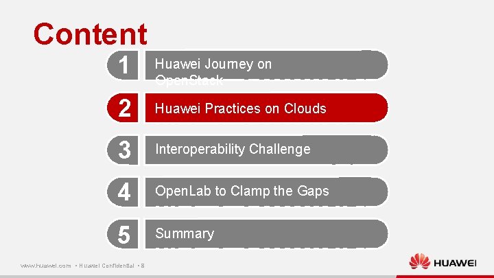 Content 1 Huawei Journey on Open. Stack 2 Huawei Practices on Clouds 3 Interoperability