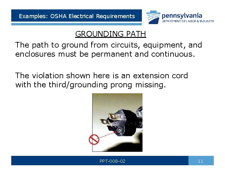 Examples: OSHA Electrical Requirements GROUNDING PATH The path to ground from circuits, equipment, and