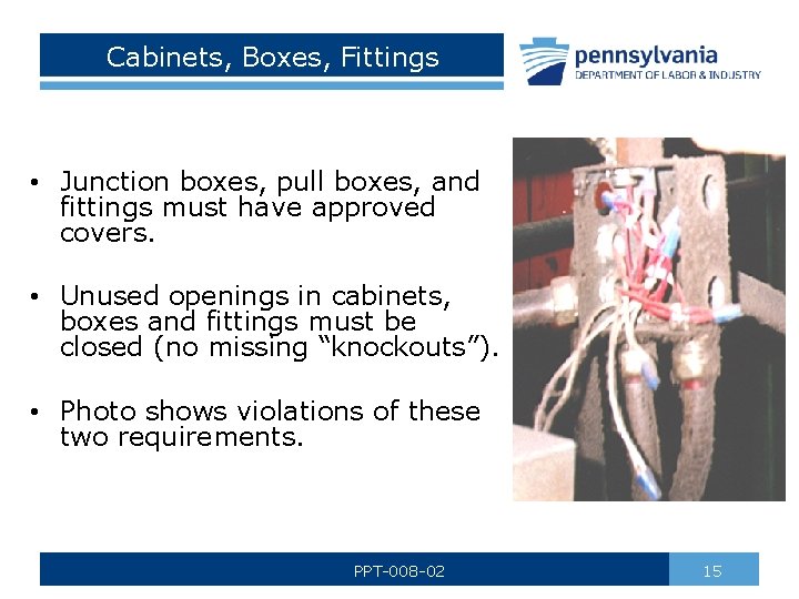 Cabinets, Boxes, Fittings • Junction boxes, pull boxes, and fittings must have approved covers. Cabinets, Boxes, Fittings • Junction boxes, pull boxes, and fittings must have approved covers.