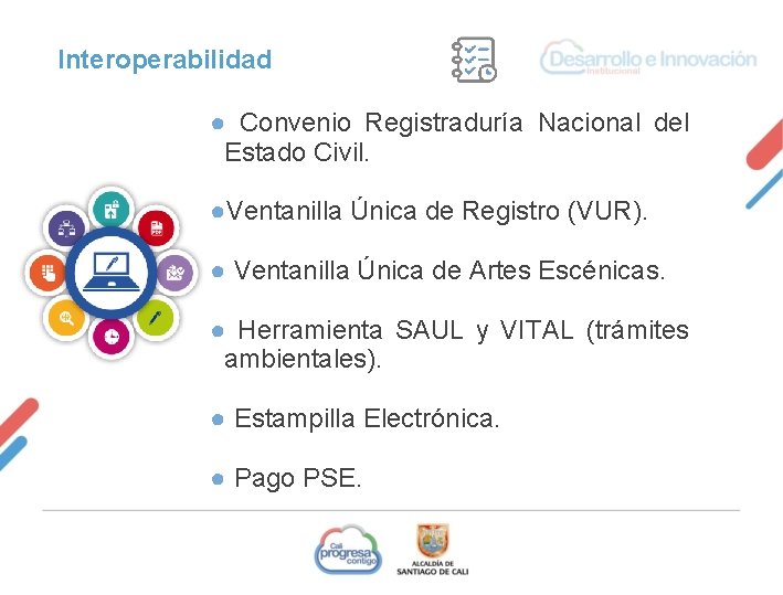 Interoperabilidad ● Convenio Registraduría Nacional del Estado Civil. ●Ventanilla Única de Registro (VUR). ●