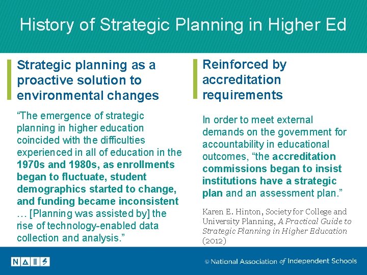 History of Strategic Planning in Higher Ed Strategic planning as a proactive solution to