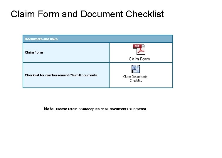 Claim Form and Document Checklist Documents and links Claim Form Checklist for reimbursement Claim