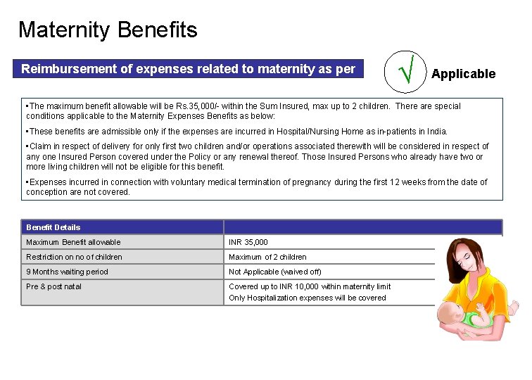 Maternity Benefits Reimbursement of expenses related to maternity as per √ Applicable • The