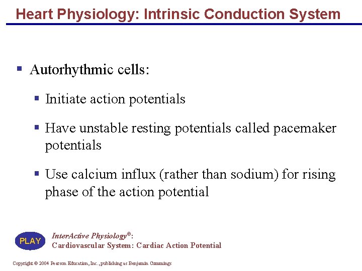 Heart Physiology: Intrinsic Conduction System § Autorhythmic cells: § Initiate action potentials § Have