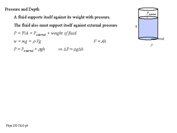 Pressure and Depth Pexterna A fluid supports itself against its weight with pressure. The