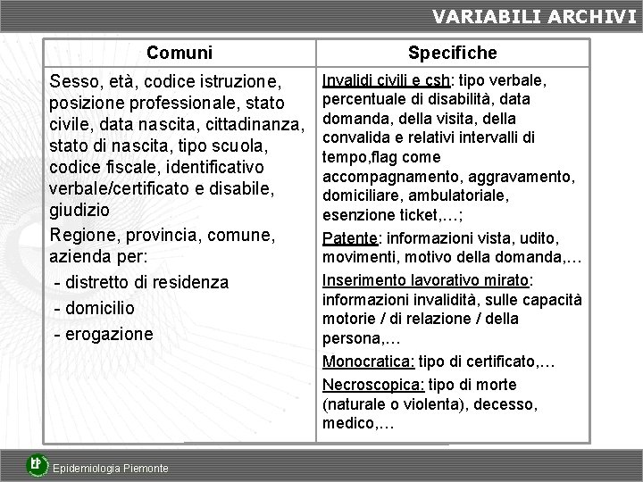 VARIABILI ARCHIVI Comuni Specifiche Sesso, età, codice istruzione, posizione professionale, stato civile, data nascita,