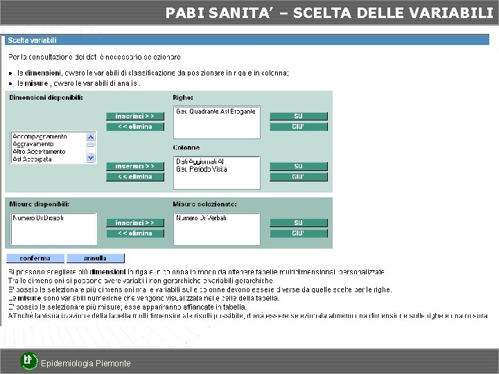 PABI SANITA’ – SCELTA DELLE VARIABILI Epidemiologia Piemonte 