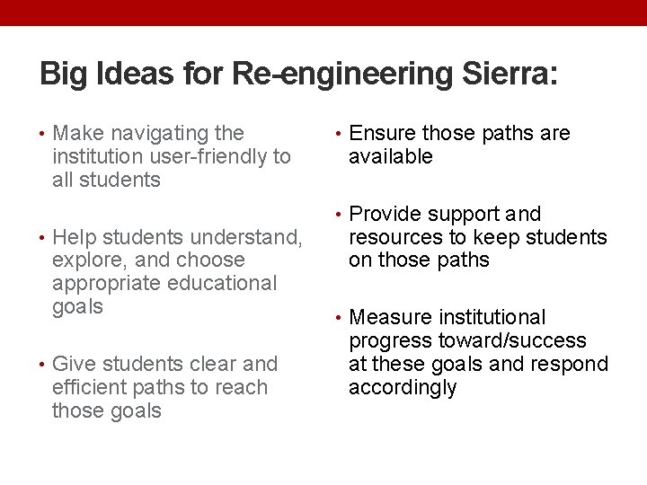 Big Ideas for Re-engineering Sierra: • Make navigating the institution user-friendly to all students