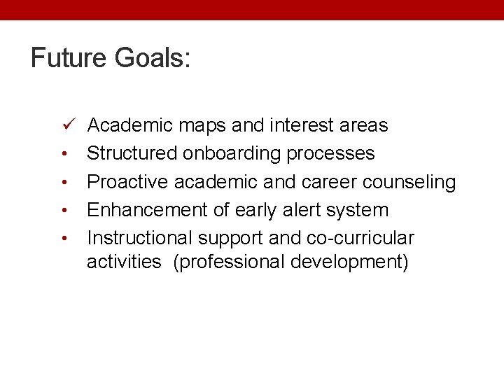 Future Goals: ü Academic maps and interest areas Structured onboarding processes • Proactive academic