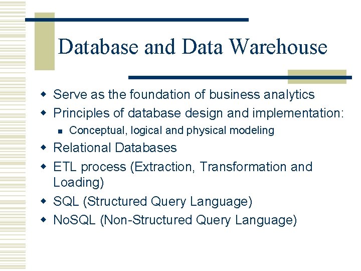 Database and Data Warehouse w Serve as the foundation of business analytics w Principles