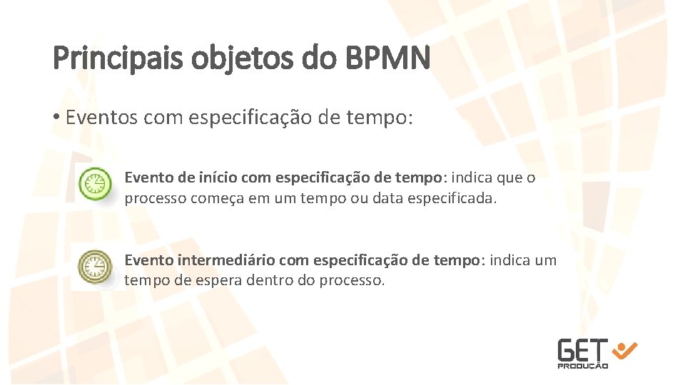 Principais objetos do BPMN • Eventos com especificação de tempo: Evento de início com