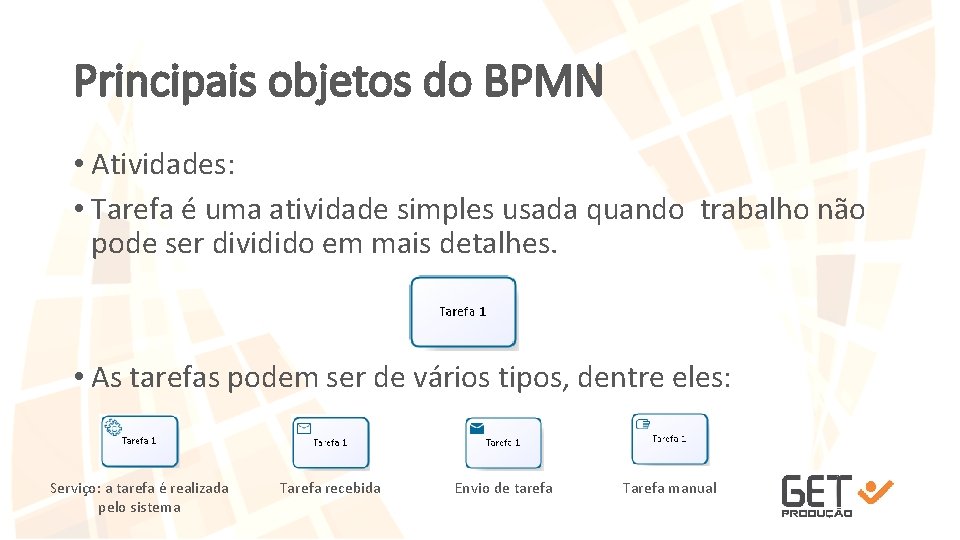 Principais objetos do BPMN • Atividades: • Tarefa é uma atividade simples usada quando