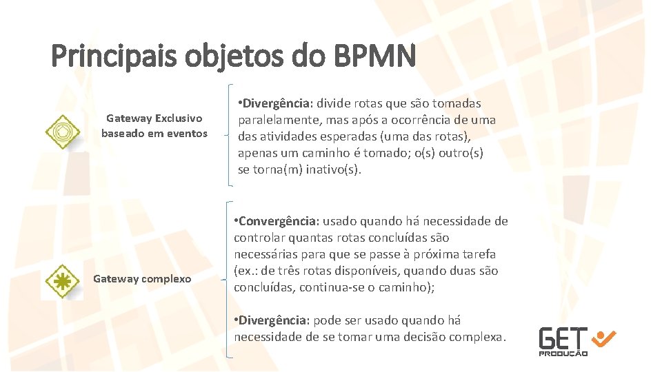 Principais objetos do BPMN Gateway Exclusivo baseado em eventos Gateway complexo • Divergência: divide