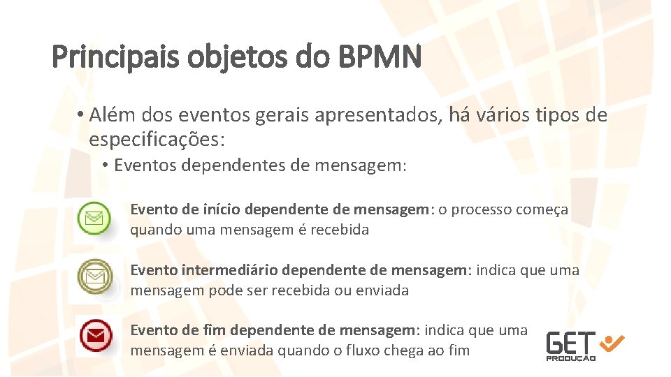 Principais objetos do BPMN • Além dos eventos gerais apresentados, há vários tipos de