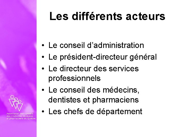 Les différents acteurs • Le conseil d’administration • Le président-directeur général • Le directeur