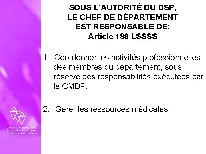SOUS L’AUTORITÉ DU DSP, LE CHEF DE DÉPARTEMENT EST RESPONSABLE DE: Article 189 LSSSS