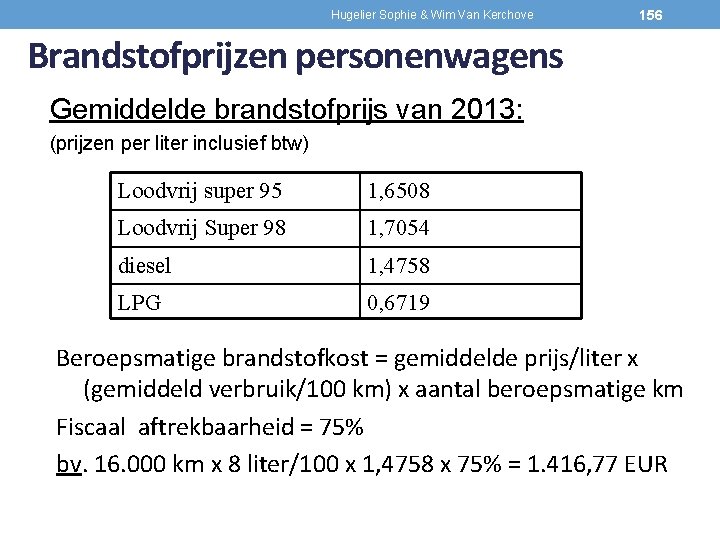 Hugelier Sophie & Wim Van Kerchove 156 Brandstofprijzen personenwagens Gemiddelde brandstofprijs van 2013: (prijzen