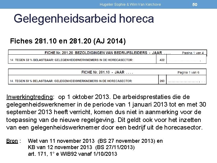Hugelier Sophie & Wim Van Kerchove 50 Gelegenheidsarbeid horeca Fiches 281. 10 en 281.