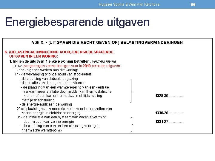 Hugelier Sophie & Wim Van Kerchove Energiebesparende uitgaven Vak X. - (UITGAVEN DIE RECHT