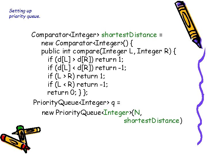 Setting up priority queue. Comparator<Integer> shortest. Distance = new Comparator<Integer>() { public int compare(Integer