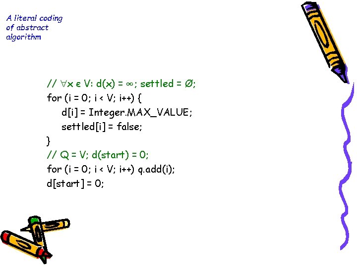 A literal coding of abstract algorithm // x є V: d(x) = ∞; settled