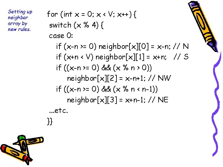 Setting up neighbor array by new rules. for (int x = 0; x <