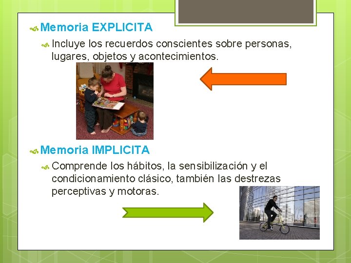  Memoria EXPLICITA Incluye los recuerdos conscientes sobre personas, lugares, objetos y acontecimientos. Memoria