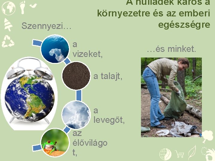 Szennyezi… A hulladék káros a környezetre és az emberi egészségre a vizeket, a talajt,