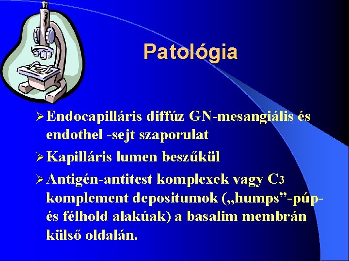 Patológia Ø Endocapilláris diffúz GN-mesangiális és endothel -sejt szaporulat Ø Kapilláris lumen beszűkül Ø