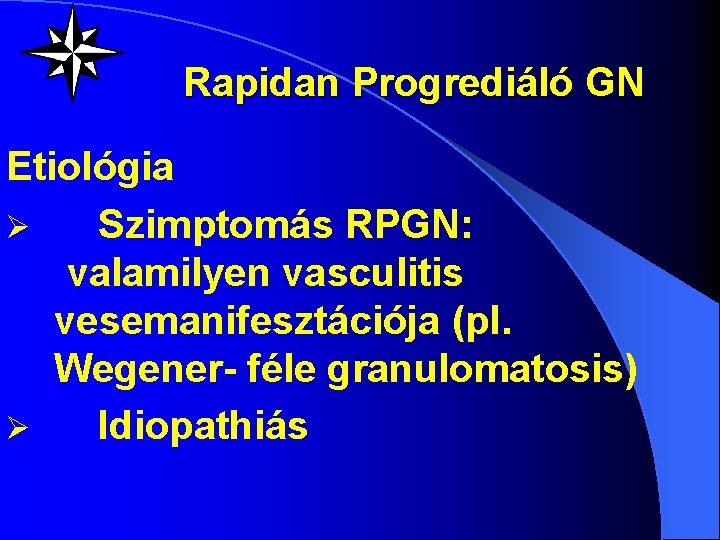 Rapidan Progrediáló GN Etiológia Ø Szimptomás RPGN: valamilyen vasculitis vesemanifesztációja (pl. Wegener- féle granulomatosis)