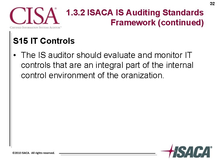 32 1. 3. 2 ISACA IS Auditing Standards Framework (continued) S 15 IT Controls