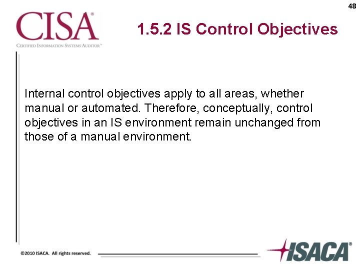 48 1. 5. 2 IS Control Objectives Internal control objectives apply to all areas,