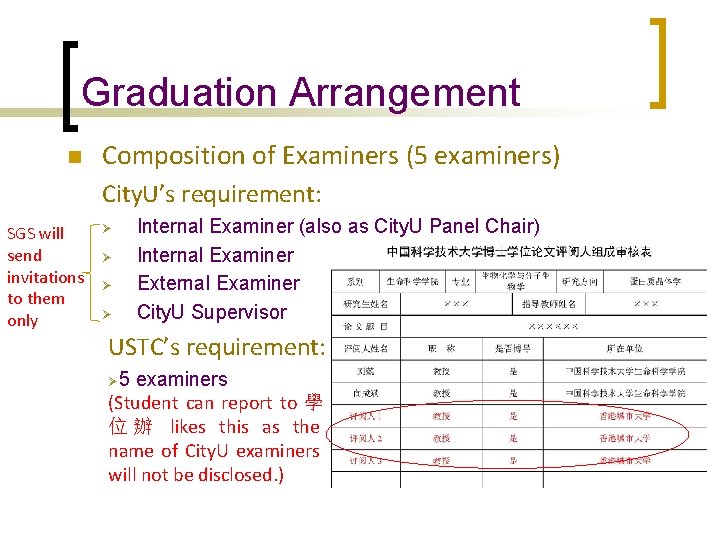 Graduation Arrangement n Composition of Examiners (5 examiners) City. U’s requirement: SGS will send