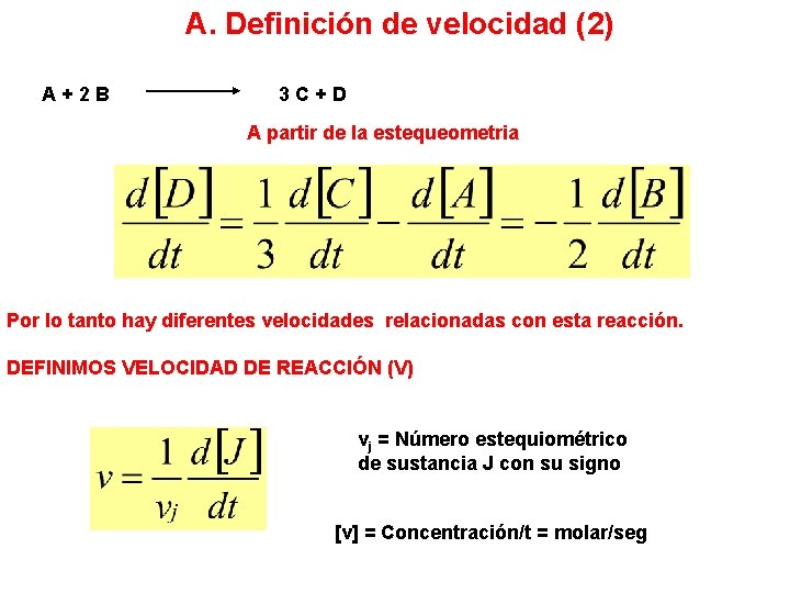 A. Definición de velocidad (2) A+2 B 3 C+D A partir de la estequeometria