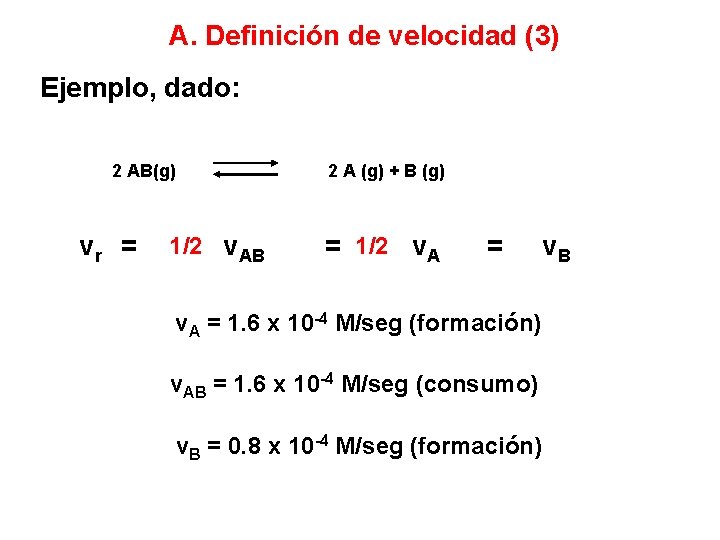 A. Definición de velocidad (3) Ejemplo, dado: 2 AB(g) vr = 1/2 v. AB