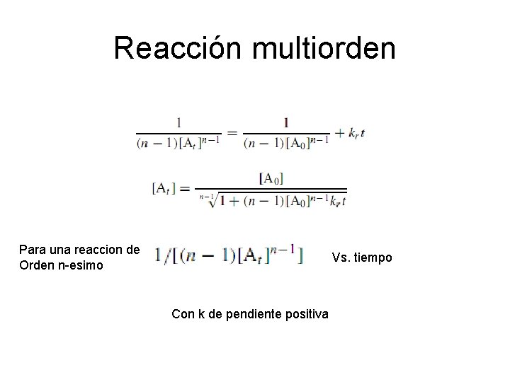 Reacción multiorden Para una reaccion de Orden n-esimo Vs. tiempo Con k de pendiente