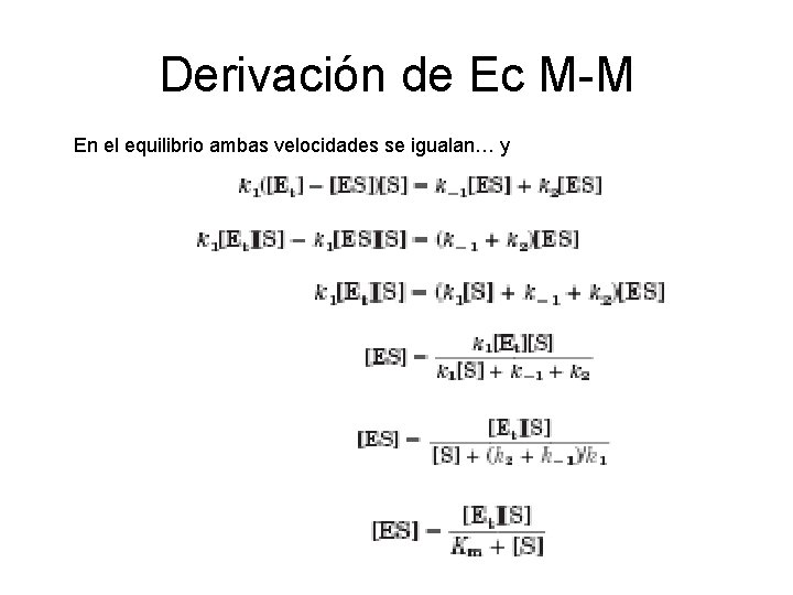 Derivación de Ec M-M En el equilibrio ambas velocidades se igualan… y 