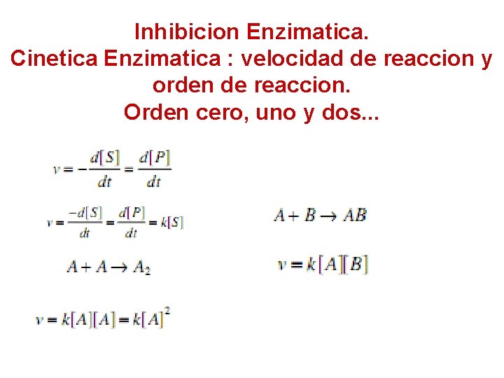 Inhibicion Enzimatica. Cinetica Enzimatica : velocidad de reaccion y orden de reaccion. Orden cero,