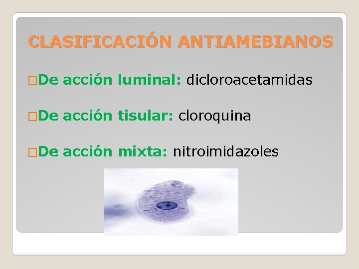 CLASIFICACIÓN ANTIAMEBIANOS �De acción luminal: dicloroacetamidas �De acción tisular: cloroquina �De acción mixta: nitroimidazoles