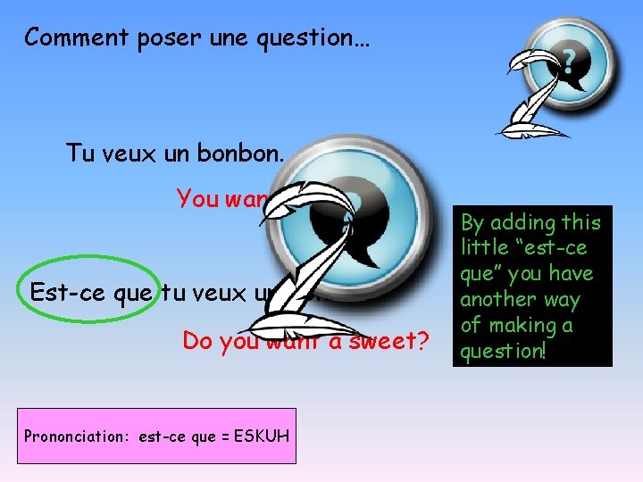 Comment poser une question… Tu veux un bonbon. You want a sweet. Est-ce que