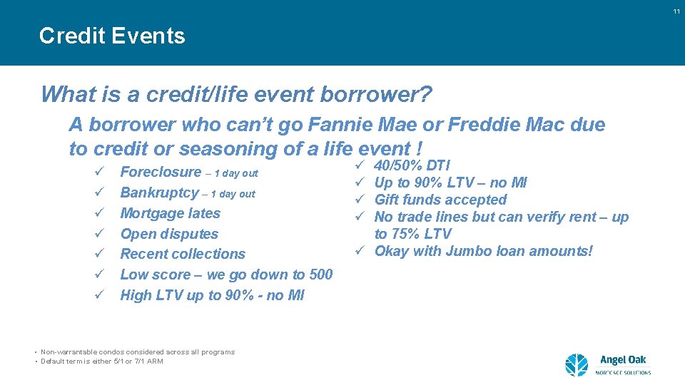 11 Credit Events What is a credit/life event borrower? A borrower who can’t go